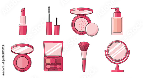 Collection of pink makeup items including lipstick mascara blush foundation