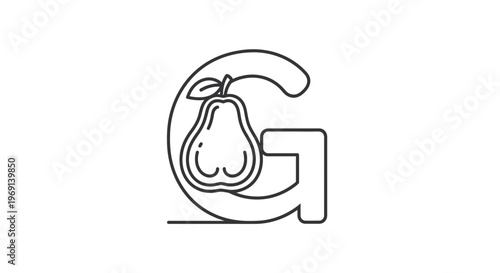 Modern linear illustration of the letter G featuring an integrated sweet pear icon