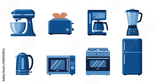 Collection of blue kitchen appliances including mixer toaster coffee maker blender
