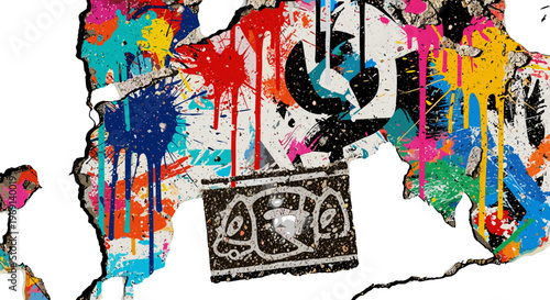 Abstract colorful paint splatters and drips over a textured map illustration