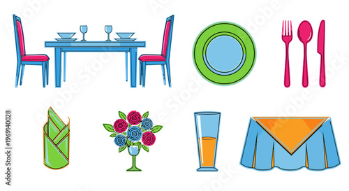 Elegant dining table setting elements chairs plates cutlery flowers and tablecloth