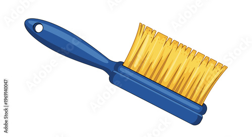 Blue handled cleaning brush with yellow bristles isolated on a clean white