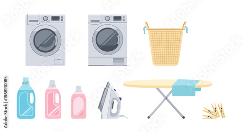 Laundry room appliances supplies and accessories collection for household chores
