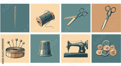 Collection of sewing and tailoring tools needle thread scissors pins thimble