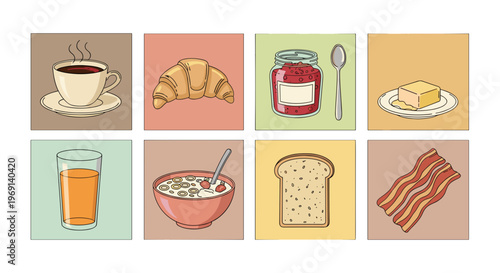 Assorted breakfast food icons coffee croissant jam butter juice cereal toast bacon