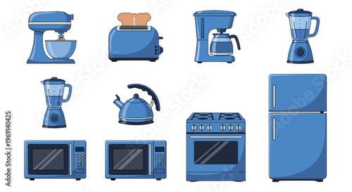 Set of blue kitchen appliances including stand mixer toaster coffee maker blender