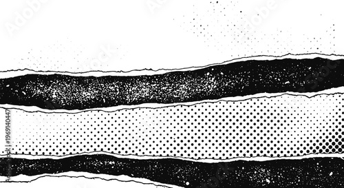 Abstract distressed paper layers with torn edges and halftone dot pattern overlay