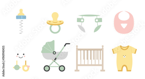 Collection of baby care essentials including bottle pacifier diaper bib romper