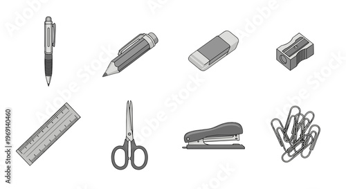 Collection of essential office and school stationery items including pen pencil