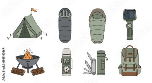 Collection of hand drawn outdoor camping and hiking equipment for adventure