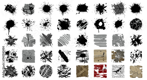 Collection of diverse black and white grunge ink splatters paint strokes