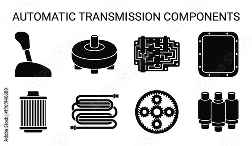 Automatic transmission components icons set featuring gear shifter torque converter and valve body