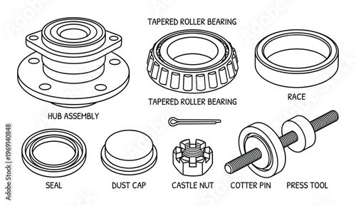 Automotive bearing components and tools with labels in black and white outline style