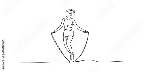 A single continuous line drawing of a woman exercising by jumping rope in a minimalist art style Vector, illustration