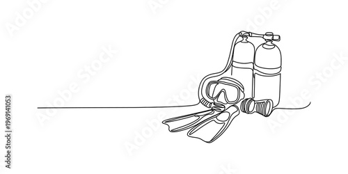 Continuous single line drawing of scuba diving equipment isolated on a clean white background area Vector, illustration