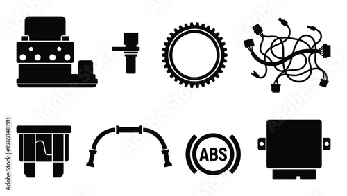 Automotive electronic control units and parts black icons on transparent background