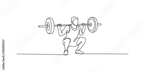A single continuous line drawing of an athlete performing a heavy barbell back squat exercise. Vector, illustration