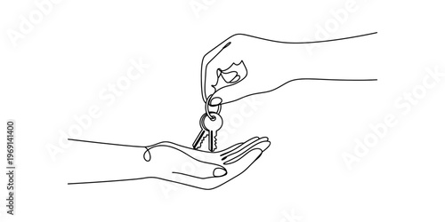 A minimal continuous line drawing showing one hand passing a metal key to another waiting hand Vector, illustration