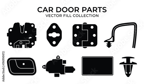 Car door parts vector fill collection including latch hinge handle and motor icons on transparent bg