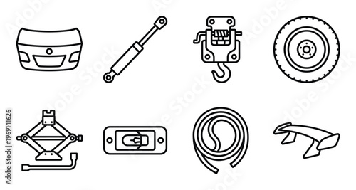 Car rear compartment hardware line icons representing trunk lid spoiler and emergency repair tools set