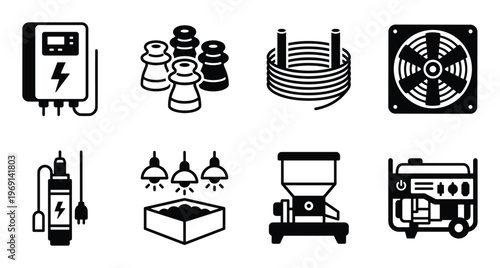 Collection of electrical equipment and industrial parts silhouette on transparent background