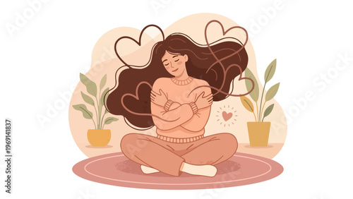 Self Love Woman with Heart Hair – Body Positivity and Mental Wellness Vector Illustration