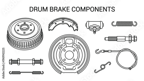 Detailed outline drawings of drum brake system components with drum shoes springs and cylinder set