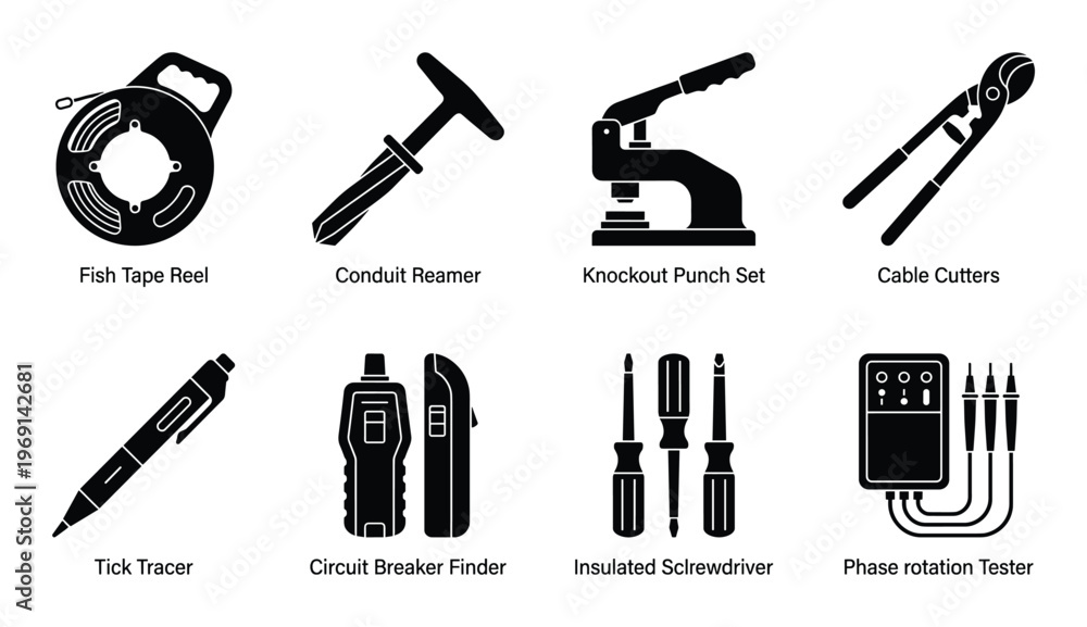 Fototapeta premium Electrician tools and testing equipment icons set featuring fish tape circuit finder and volt meter
