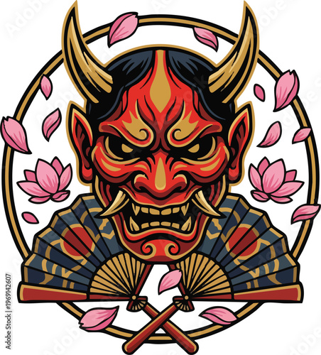 Red Hannya Mask with Crossed Fans and Cherry Blossoms.