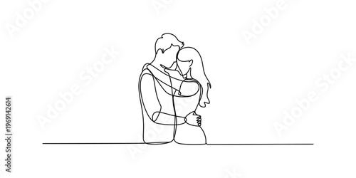 A beautiful continuous line drawing featuring a romantic couple embracing in a simple black style Vector, illustration