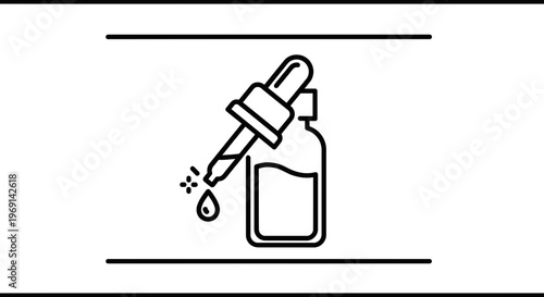 Minimalist black and white outline icon depicting a glass pipette bottle dispensing a single