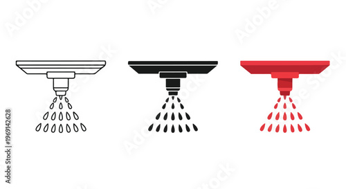 Three different styles of fire sprinkler heads spraying water, representing safety and protection systems