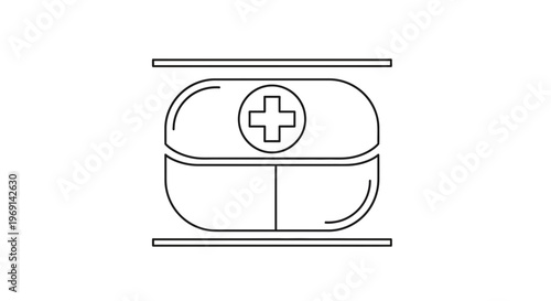 Streamlined medical capsule illustration with a clear health cross symbol depicting essential care