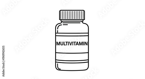 Line art illustration of a daily multivitamin supplement bottle for health and wellness support
