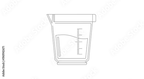 Precise line art drawing of a scientific measuring beaker filled with a measured liquid substance