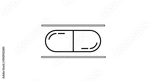 Minimalist black outline illustration of a pharmaceutical capsule medicine pill icon, clean