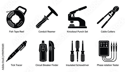 Electrician tools and testing equipment icons set featuring fish tape circuit finder and volt meter