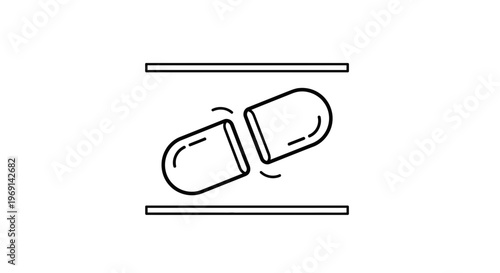 Minimalist line icon of a pharmaceutical capsule splitting for medical analysis or precise dosage