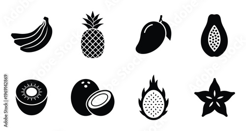 Exotic tropical fruit icons set with banana pineapple mango papaya kiwi coconut dragon and starfruit