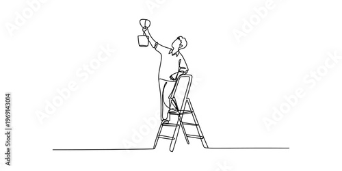 Continuous line drawing of a man painting a wall while standing on a tall sturdy step ladder Vector, illustration
