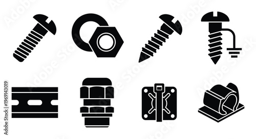 Hardware fasteners and electrical cable management accessories silhouette collection for industry
