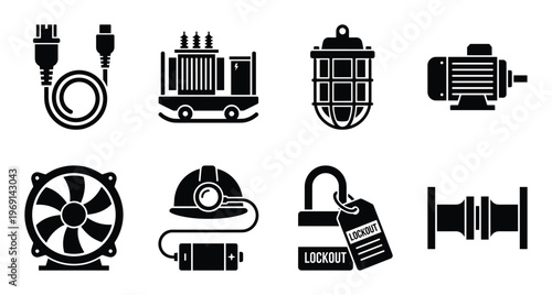 Industrial electrical equipment icons featuring power transformer motor safety helmet and cable sets