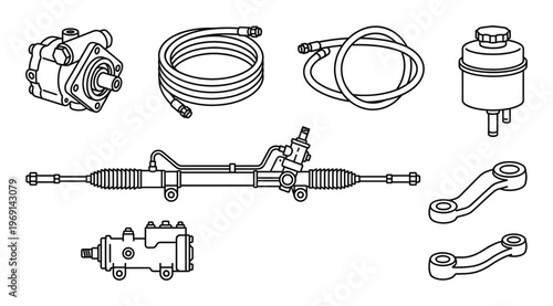 Hydraulic power steering system components with rack and pinion pump hoses and reservoir line icons