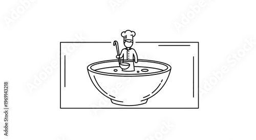 A stylized linear depiction of a chef diligently stirring a giant bowl of delicious liquid soup