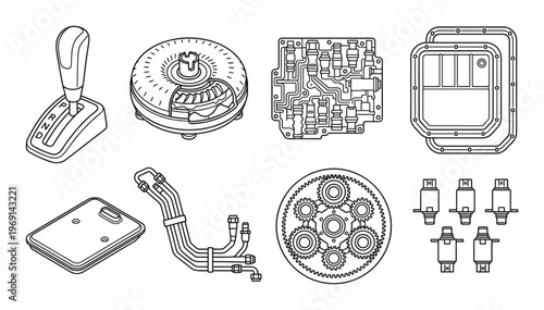 Isometric line art of automatic transmission parts including torque converter and valve body assembly