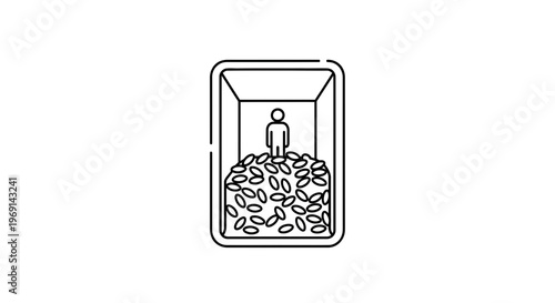 Minimalist outline icon of human on a grain pile in a storage container for resource concepts