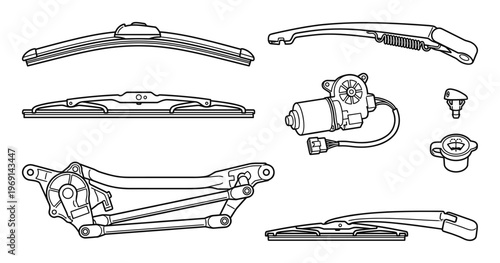 Line drawings of windshield wiper components, blades, arm, motor, nozzle, linkage, and rear wiper on gray background
