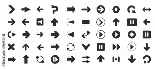 A collection of various black arrow and media control icons on a white background