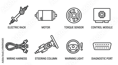 Modern electric rack and pinion steering system parts with motor and torque sensor thin line icons