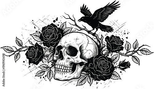 Gothic Skull Illustration with Roses and Raven on White Background.